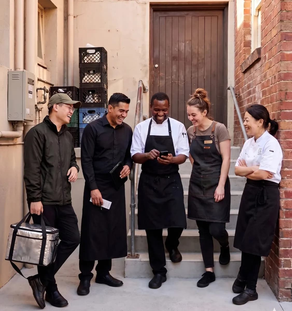 Hospitality team laughing together after a shift